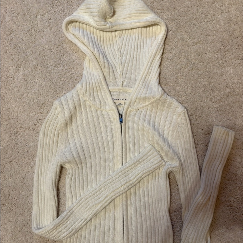 Aeropostale Ribbed Cream Hooded Cardigan